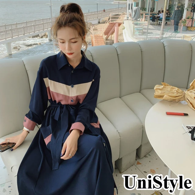 UniStyle【UniStyle】2022新款韓系法式氣質慵懶撞色長袖連身洋裝 女 ZM159-2201(藏藍)