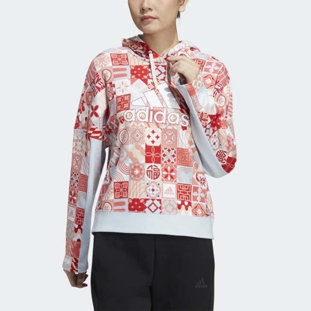 【adidas 愛迪達】上衣 女 運動 連帽上衣 長袖上衣 亞規 CNY AOP SWEAT 紅白 HC2795