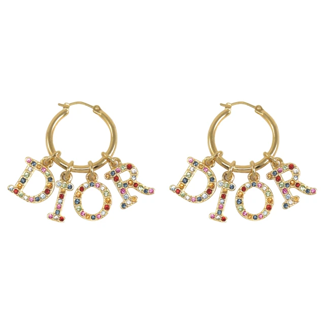 【Dior 迪奧】專櫃商品 品牌彩鑽英文字母吊飾LOGO針式耳環(金)