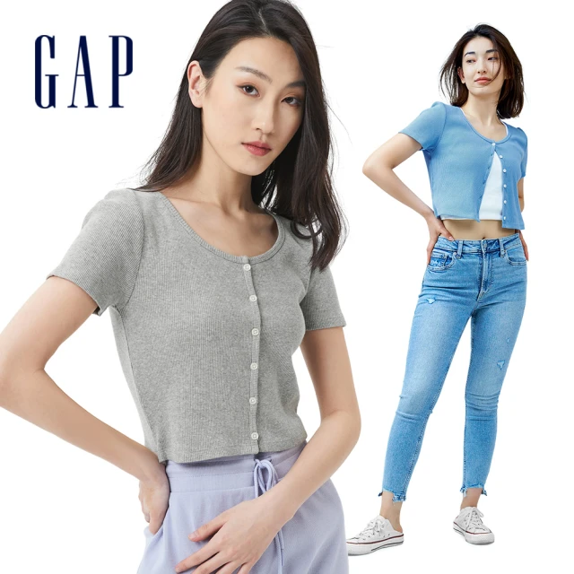 【GAP】女裝 羅紋針織修身短袖T恤(850744-淺灰色)