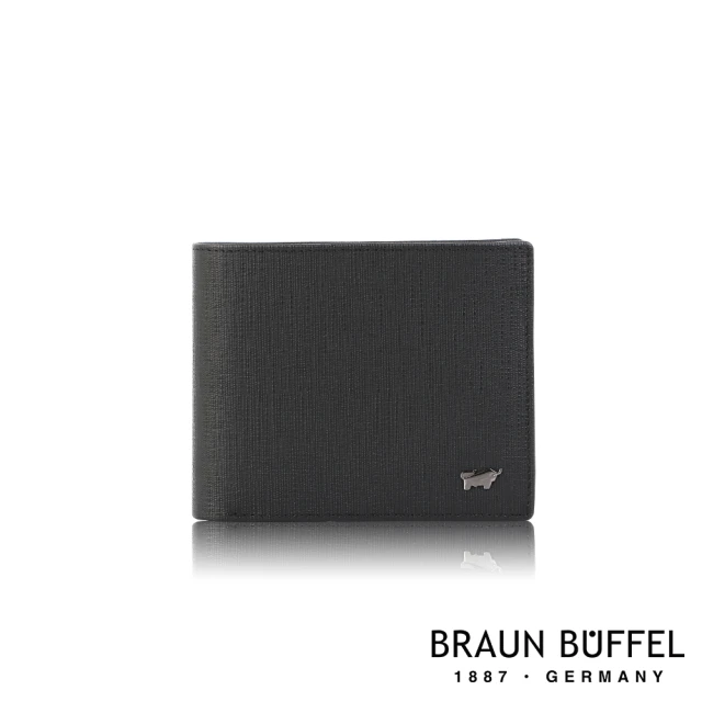 【BRAUN BUFFEL 德國小金牛】台灣總代理 戰神 8卡中間翻零錢袋短夾-黑色(BF378-318-BK)