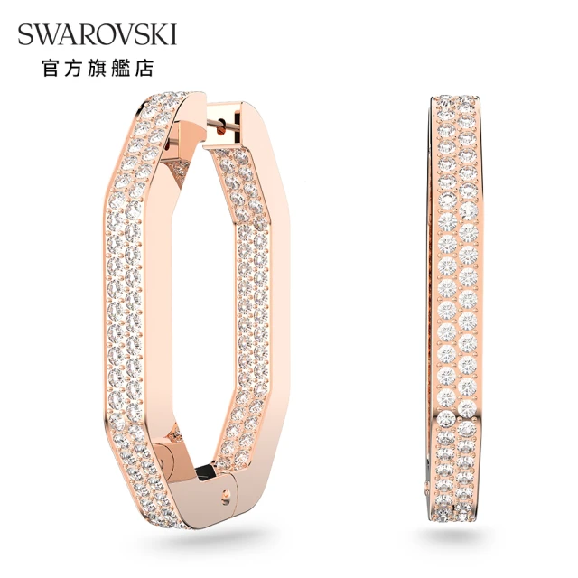 【SWAROVSKI 施華洛世奇】Dextera 大圈耳環 八角形切割密鑲水晶； 白色 鍍玫瑰金色調-M