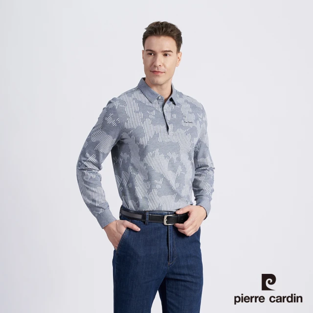 pierre cardin 皮爾卡登【pierre cardin 皮爾卡登】商務休閒 男款 棉質混紡印花薄長袖POLO衫-丈青色(5215266-38)