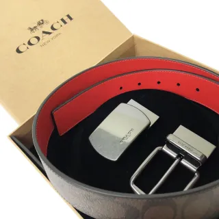 【COACH】雙釦頭PVC/牛皮雙面寬版皮帶原廠禮盒(深咖/紅)