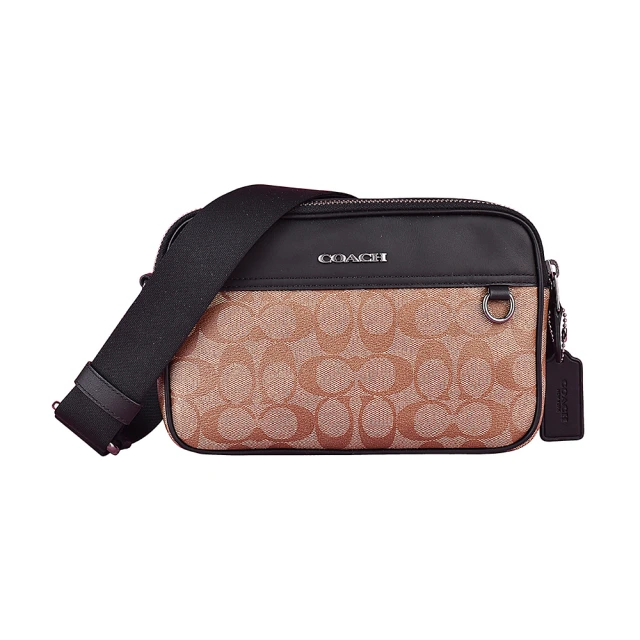 COACH【COACH】COACH☆ GRAHAM CRoSSBoDY鐵灰字LOGO印花PVC拼接牛皮雙層拉鍊斜背包(卡其x黑)