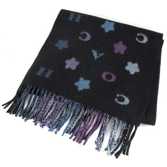 【COACH】彩色字母星星條紋黑底雙面圍巾(175cm x 32cm)