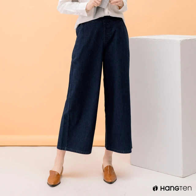 【Hang Ten】女裝-WIDE LEG FIT寬口鬆緊高腰九分丹寧褲(深藍)