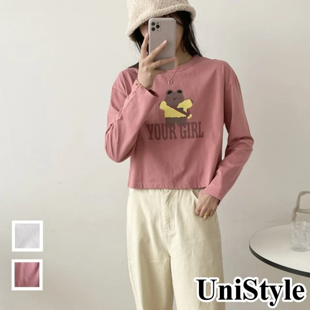 UniStyle【UniStyle】韓風童趣俏皮減齡寬鬆休閒長袖上衣T 女 UP9334(豆沙粉 奶油白)