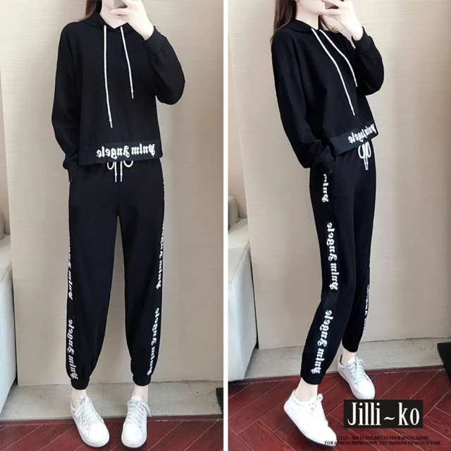 JILLI-KO【JILLI-KO】兩件套哥德體英文衛衣套裝-F(黑)