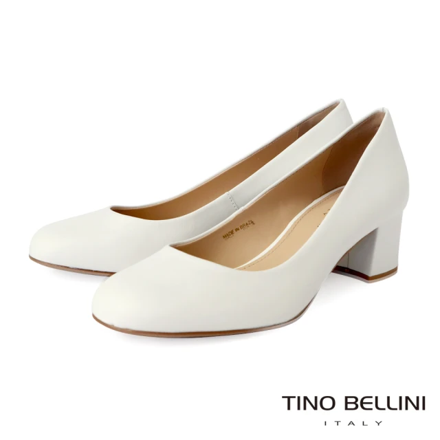 【TINO BELLINI 貝里尼】巴西進口復古女伶圓頭5CM粗跟鞋FSDT0004(白)