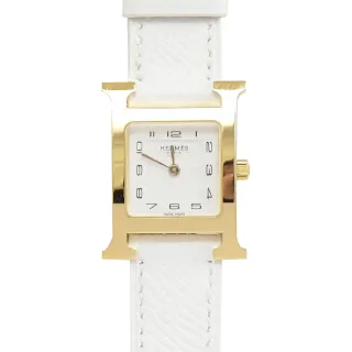 【Hermes 愛馬仕】Heure H 經典品牌H框造型石英時尚皮革腕錶(白/金)