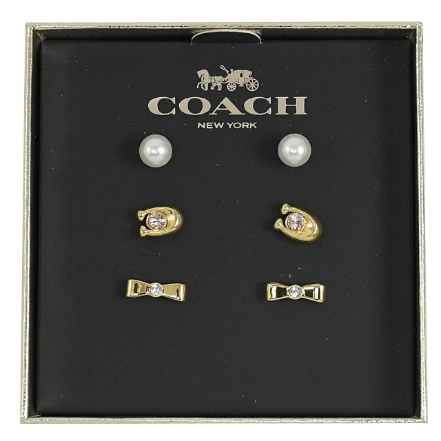 【COACH】經典鑲鑽C字蝴蝶珠珠造型三組耳環禮盒(金)