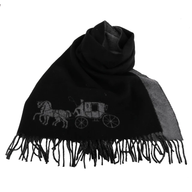 【COACH】壓印大馬車LOGO 雙面羊毛流蘇圍巾(黑X灰)