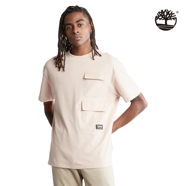 【Timberland】男款灰粉色有機棉多功能口袋厚磅寬鬆短袖T恤(A291G662)