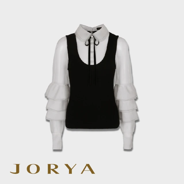 JORYA【JORYA】L1601501綁帶水鑽釦桑蠶絲荷葉層次羊毛針織上衣