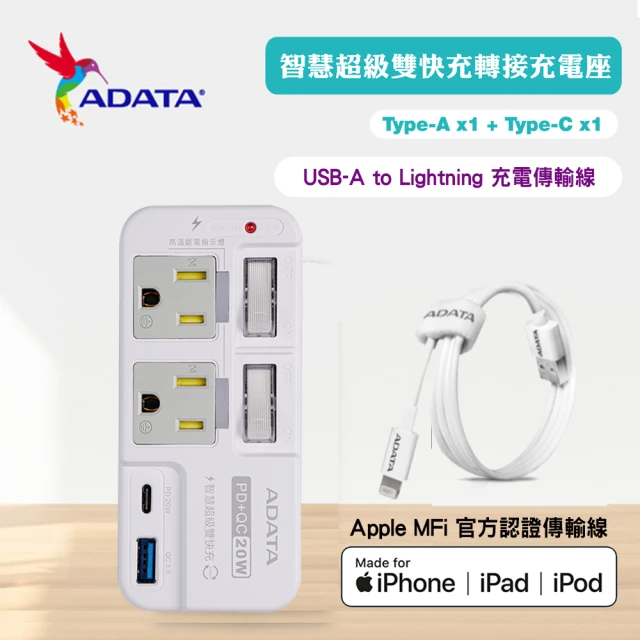 【ADATA 威剛】2孔3P 智慧快充轉接器R-52PLC+Lightning 1M 充電傳輸線組合