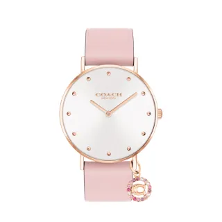 【COACH】水晶小吊飾粉色皮帶腕錶36mm(14503884)