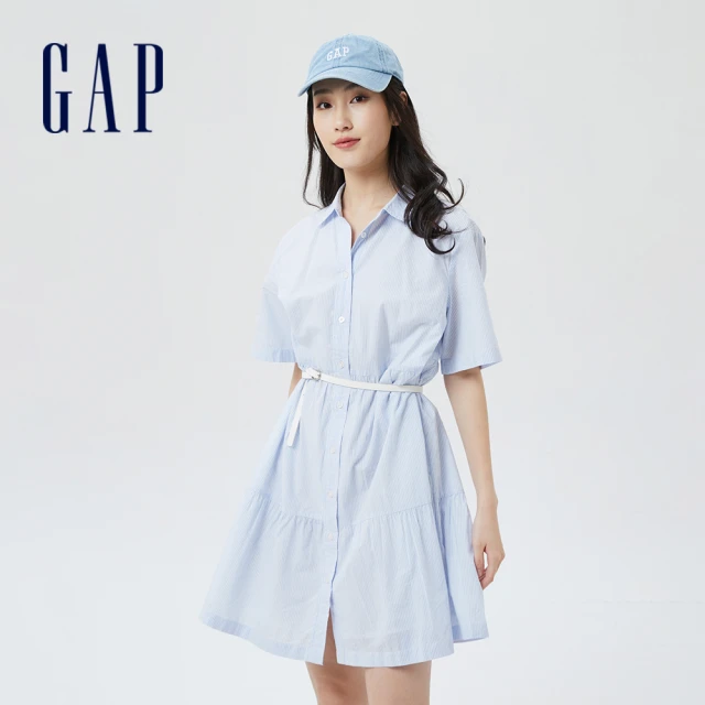 GAP【GAP】女裝 輕薄純棉短袖洋裝(809084-藍白條紋)