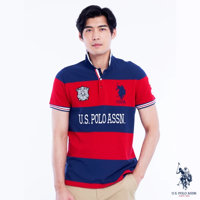 U.S. POLO ASSN.【U.S. POLO ASSN.】男款條紋徽章短袖POLO衫-紅色條紋(休閒舒適)