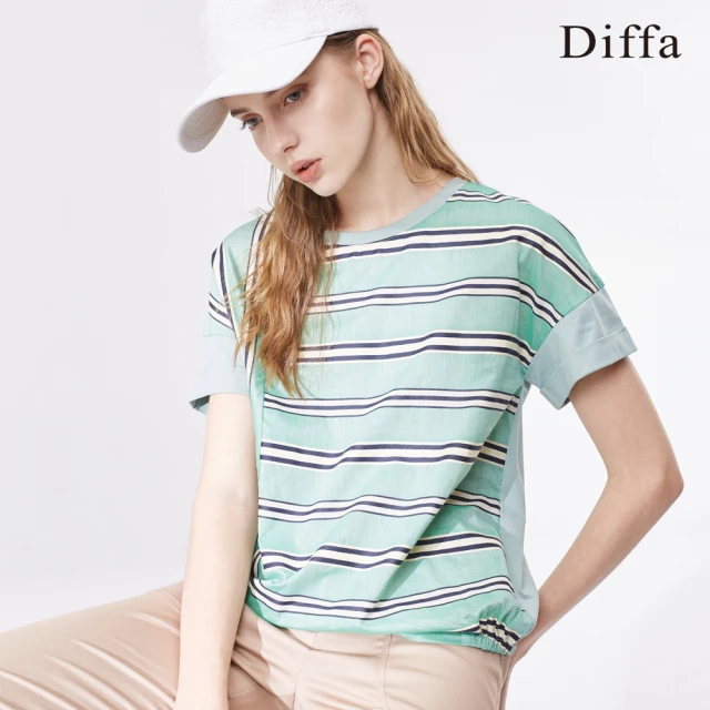 Diffa【Diffa】藍綠條紋落肩上衣-女