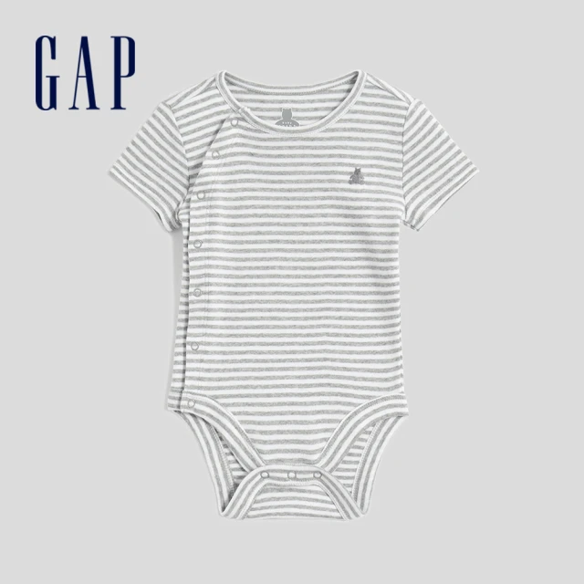 【GAP】嬰兒 布萊納系列 純棉印花側開領短袖包屁衣(822415-灰白條紋)