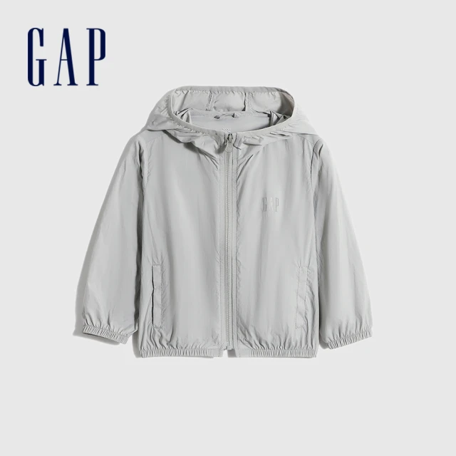 【GAP】男幼童 Logo輕薄可收納式防曬連帽休閒外套(809042-淺灰色)