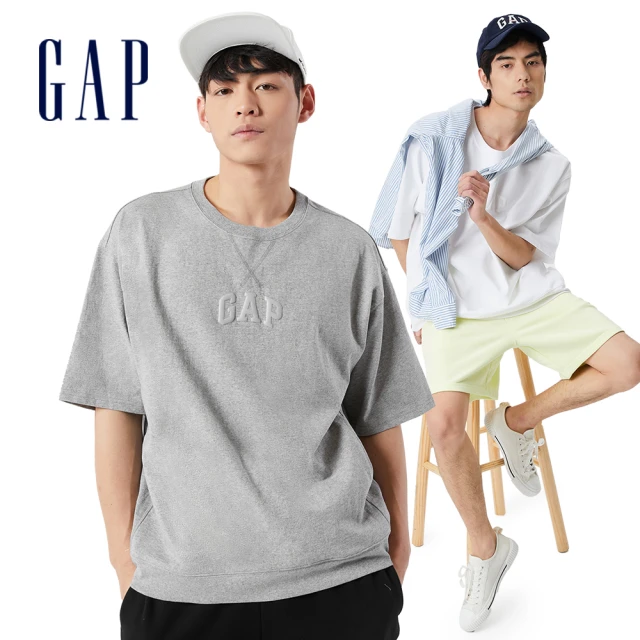 GAP【GAP】男女同款 厚磅密織系列 Logo純棉圓領短袖T恤(837049-淺灰色)