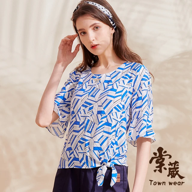 TOWN’WEAR 棠葳【TOWN’WEAR 棠葳】滿版幾何印花荷葉袖上衣(圖騰/綁帶/五分袖/女上衣)