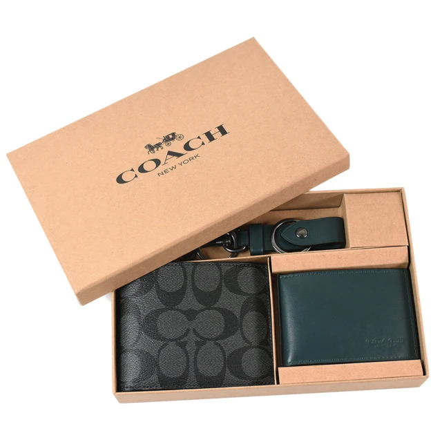【COACH】男款 緹花LOGO防刮皮革短夾/證件夾/鑰匙圈禮盒組-灰黑/綠