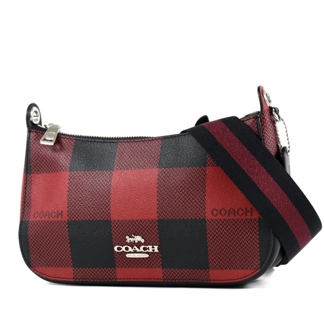 【COACH】格紋防刮皮革寬背帶斜背包-紅色
