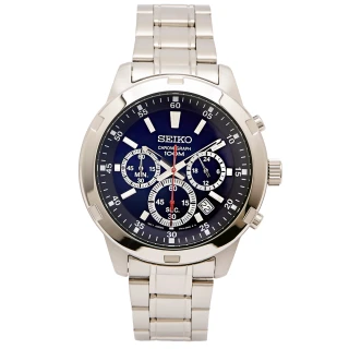 【SEIKO 精工】時尚風格三眼計時錶帶手錶-深藍色面X銀色/43mm(SKS603P1)