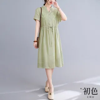 【初色】棉麻風翻領休閒洋裝-共3款-98999(M-2XL可選)