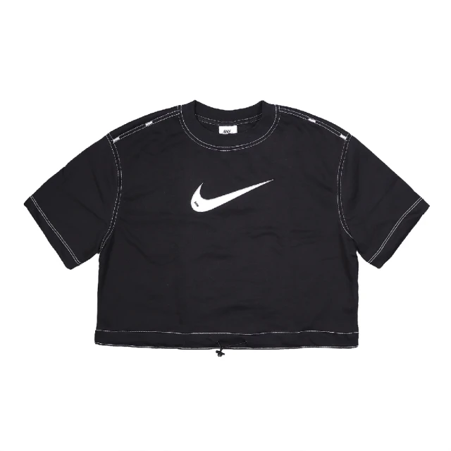 NIKE 耐吉【NIKE 耐吉】短版上衣 NSW Swoosh Tee 女款 黑 大勾 縫線 抽繩 鬆緊 寬鬆 短袖 T恤(DM6745-010)