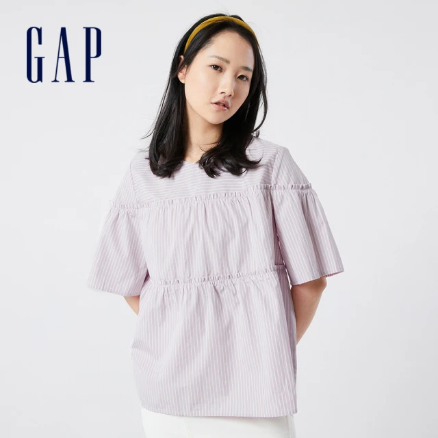 GAP【GAP】女裝 純棉蛋糕褶皺短袖襯衫(850624-紫色條紋)