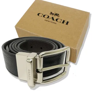 【COACH】低調LOGO素面牛皮男款寬版皮帶禮盒(銀色釦頭/黑)