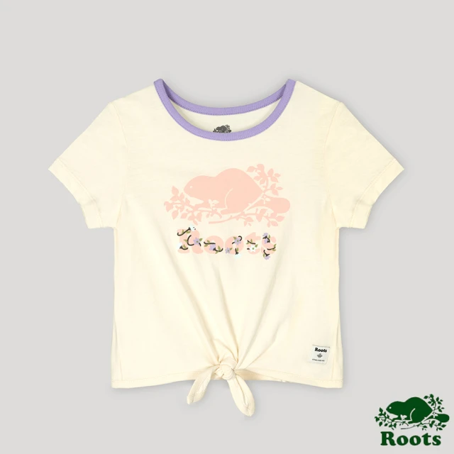 【Roots】Roots小童- 大自然俱樂部系列 花卉文字扭結短袖T恤(米白色)