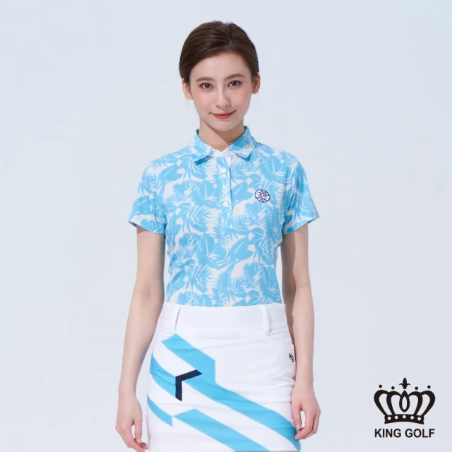 【KING GOLF】網路獨賣款-女款熱帶雨林植物剪影POLO衫/高爾夫球衫(藍色)