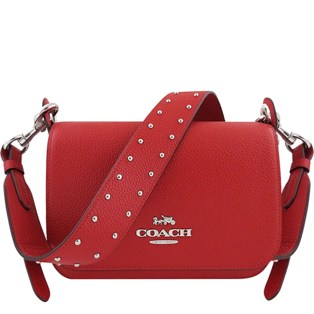 COACH【COACH】荔枝紋皮革鉚釘斜背包-紅色(買就送璀璨水晶觸控筆)