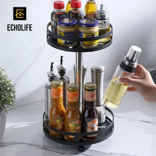 【Echolife】360旋轉調味料置物架 不鏽鋼調料收納架 旋轉調味盤 雙層(調味料置物架)