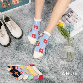 【AHUA 阿華有事嗎】韓國襪子 滿版花朵直線拼色短襪 女襪 K1428(百搭 春夏 短襪)