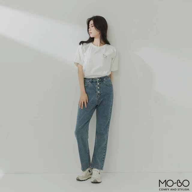 MO-BO【MO-BO】城市一隅排釦彈力直筒丹寧褲(褲子)