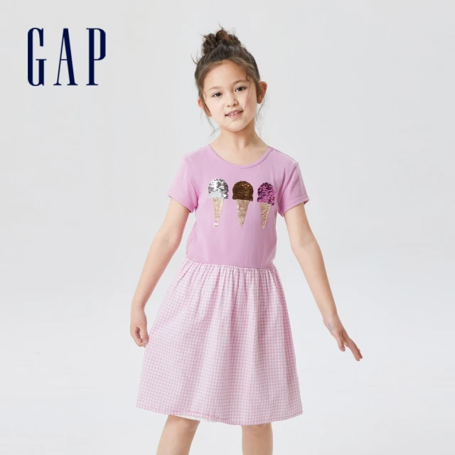 【GAP】女童 趣味互動雙面亮片短袖洋裝(813141-粉色)