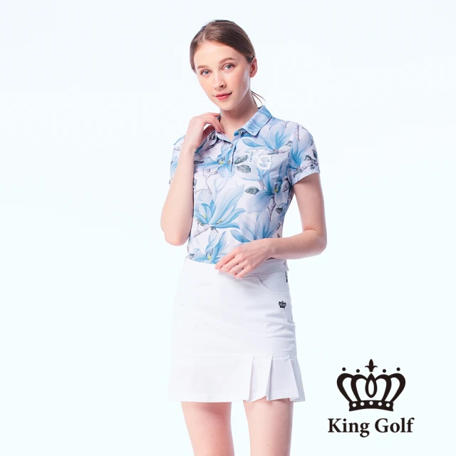 KING GOLF【KING GOLF】女款夏日暈染花朵印花刺繡涼感短袖POLO衫/高爾夫球衫(藍色)