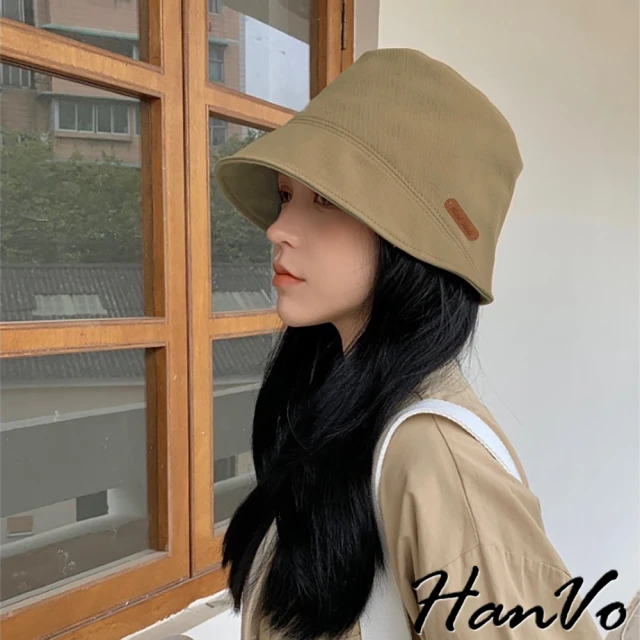 【HanVo】日系風格小標籤帆布漁夫帽(日韓休閒百搭造型遮陽漁夫帽 女生衣著 女生配件 8137)