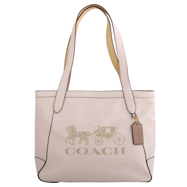 COACH【COACH】壓印馬車鵝卵石皮革磁釦托特包(米白X內黃/中)