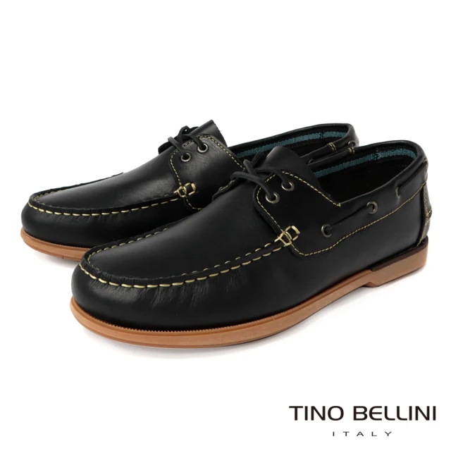 【TINO BELLINI 貝里尼】男款 葡萄牙進口撞色縫線牛皮休閒帆船鞋HM4O0016(黑)