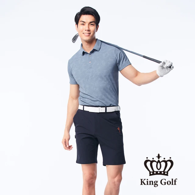 【KING GOLF】男款夏日葉子剪影印花涼感短袖POLO衫/高爾夫球(藍色)