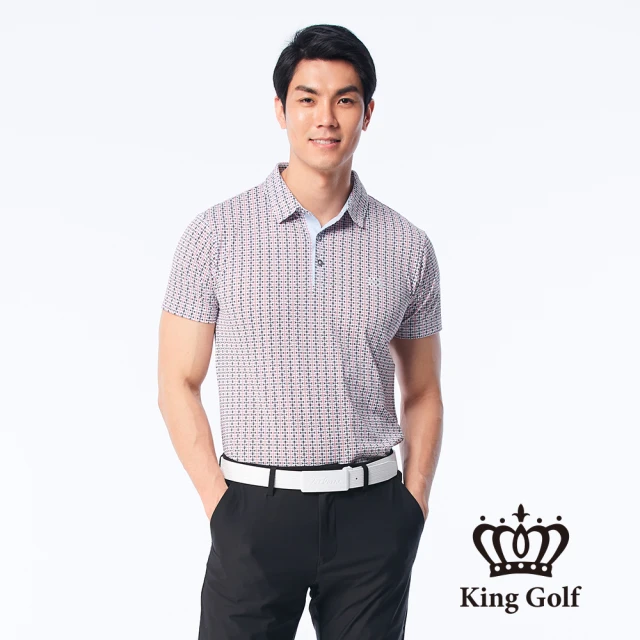 【KING GOLF】男款滿版小緹花印花涼感短袖POLO衫/高爾夫球衫(紅色)