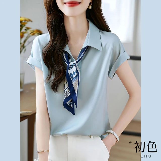 初色【初色】印花絲巾簡約翻領襯衫-藍色-61823(M-2XL可選)