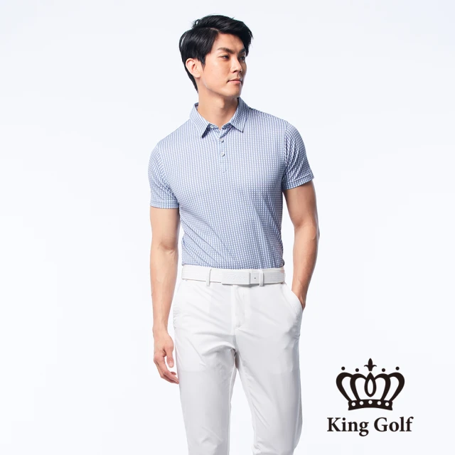 【KING GOLF】男款小格紋印花涼感短袖POLO衫/高爾夫球衫(藍色)